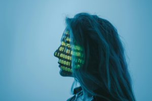 A person with a code on her face