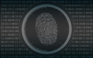 A digital fingerprint graphic representing modern biometric authentication