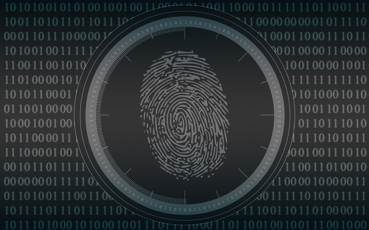 A digital fingerprint graphic representing modern biometric authentication